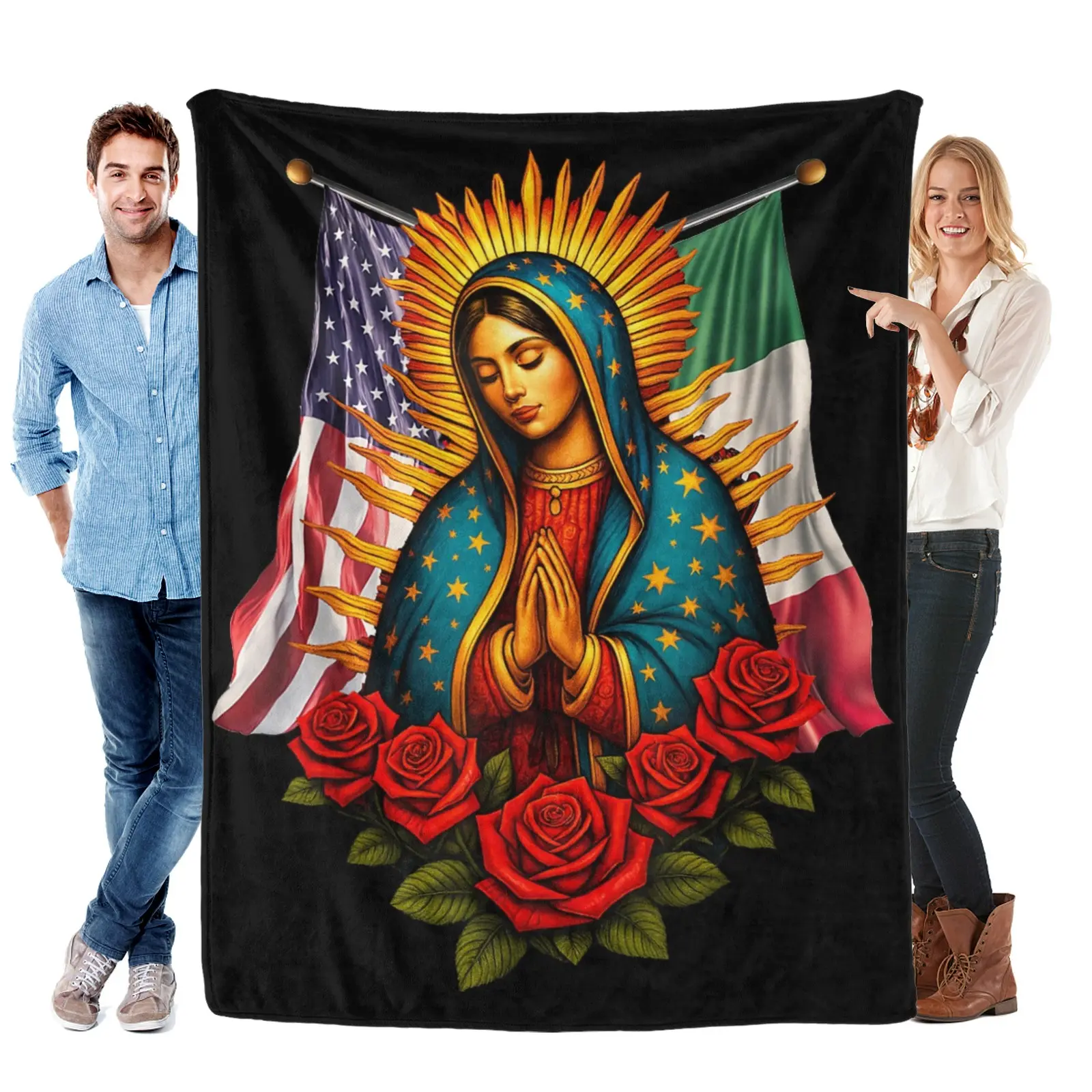 Virgen De Guadalupe Flannel Blanket, Plush Mexican American Flag Throw, Super Soft and Warm for Bed, Couch, Travel, All-Season Home Decor, Blankets, Durable, Machine Wash, Mexican Theme Party, Cultural Symbolism