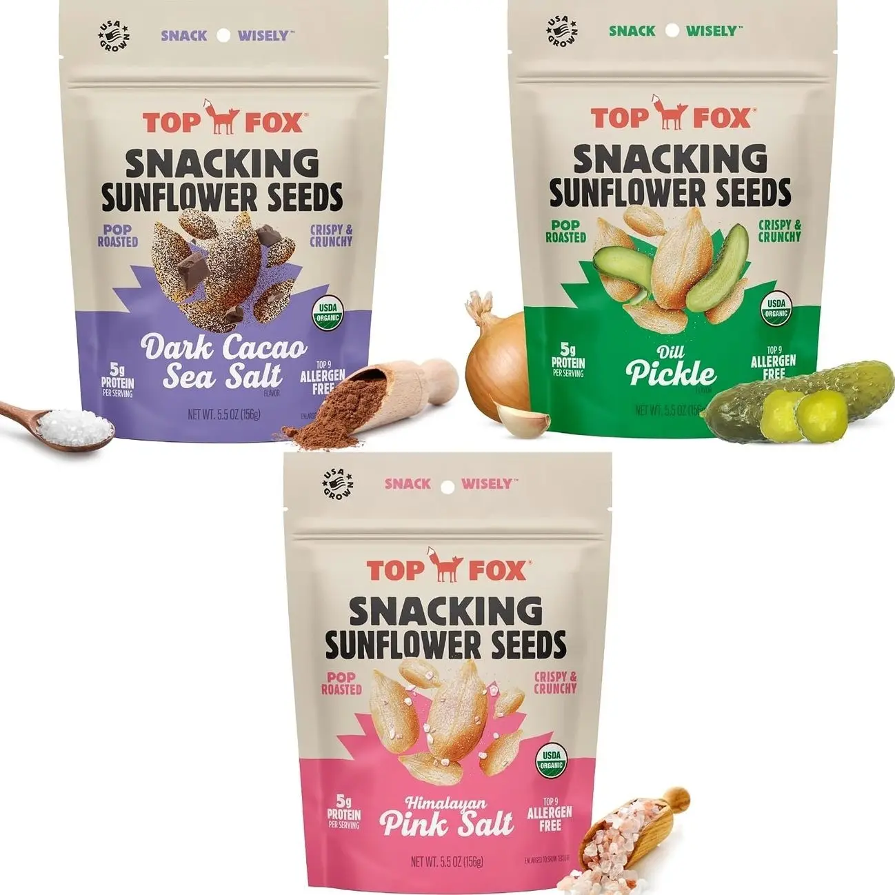 Top Fox Snacks Sunflower Seeds To Eat (Himalayan Salt, Dark Cacao Salt & Sea Salt, Dill Pickle Variety, 5.5 oz, Pack of 6) – Keto Friendly Snacks, Gluten Free Snacks, Protein Snacks, & Vegan - Organic