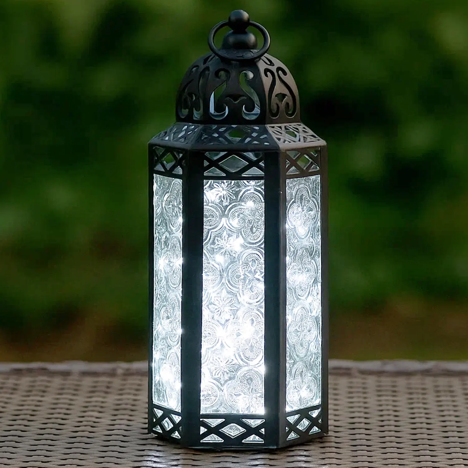 Clear White LED Fairy Lights Candle Lantern - Decorative Moroccan Holder Lamp for Table or Hanging, Ramadan Decorations, Outdoor Patio or Porch, Weddings, Medium, 10.5” Tall