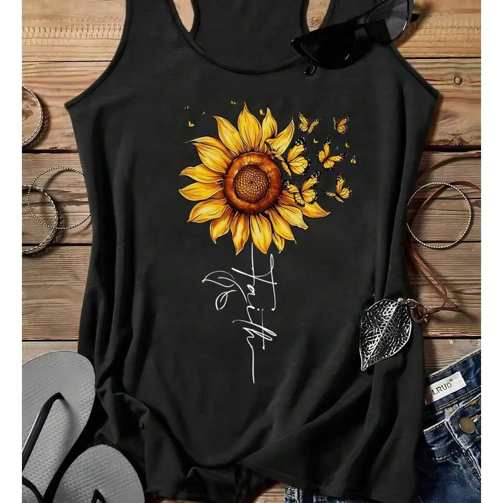 Women's Preppy Sunflower Graphic Tank Top - Stretchy Cotton-Elastane Blend, Racerback, Unisex Cut, Fashion Cute Korean Retro Sexy Sporty Chic, Lightweight Athletic Sleeveless Shirt for Summer Fitness, Casual Holiday Outdoor Use (Avoid Direct Contact)