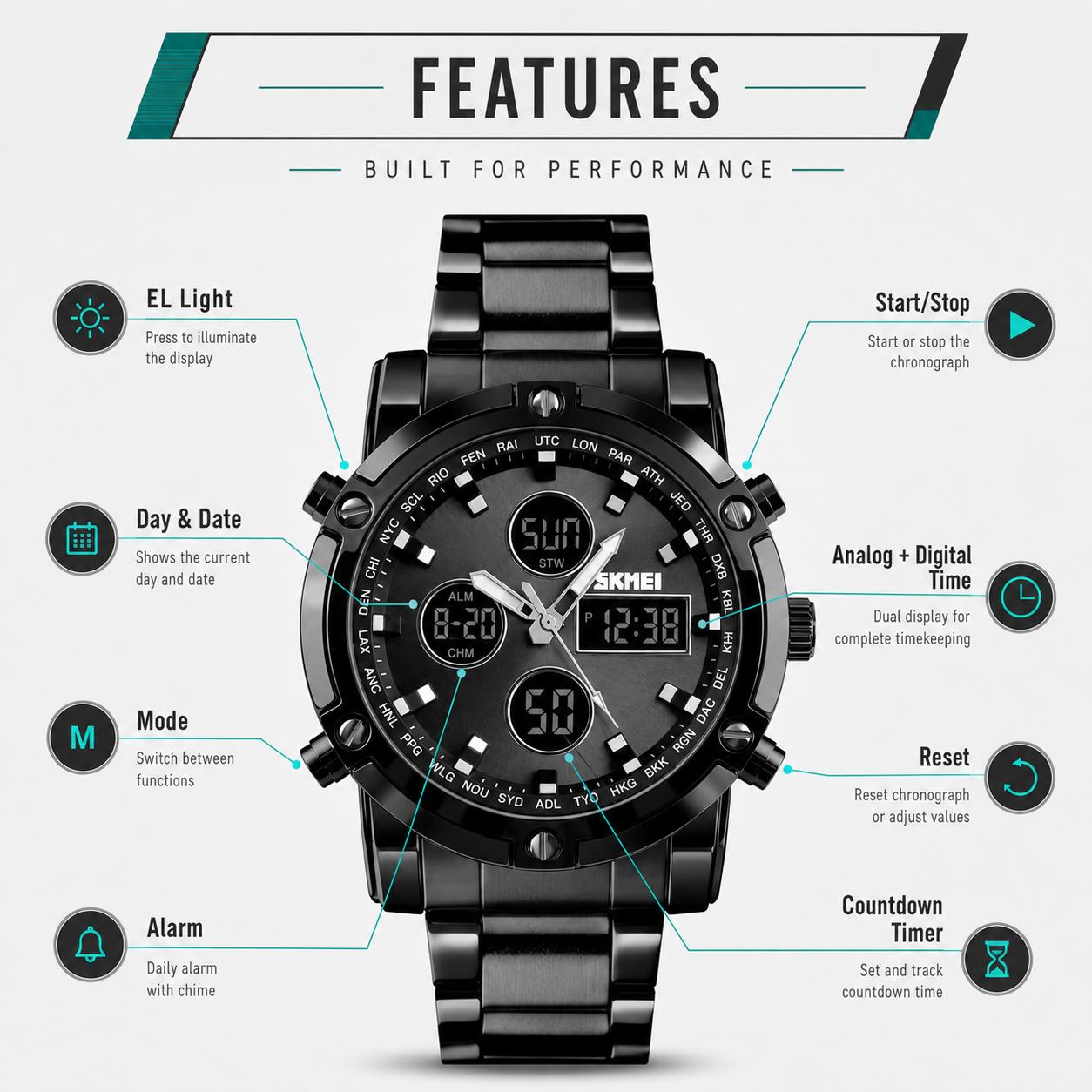 SKMEI Men's Casual Digital Quartz Watch, 48mm Big Face Analog-Digital Display with Stainless Steel Band, 30M Waterproof, Stopwatch, and Backlight, Casual Watch detail 1