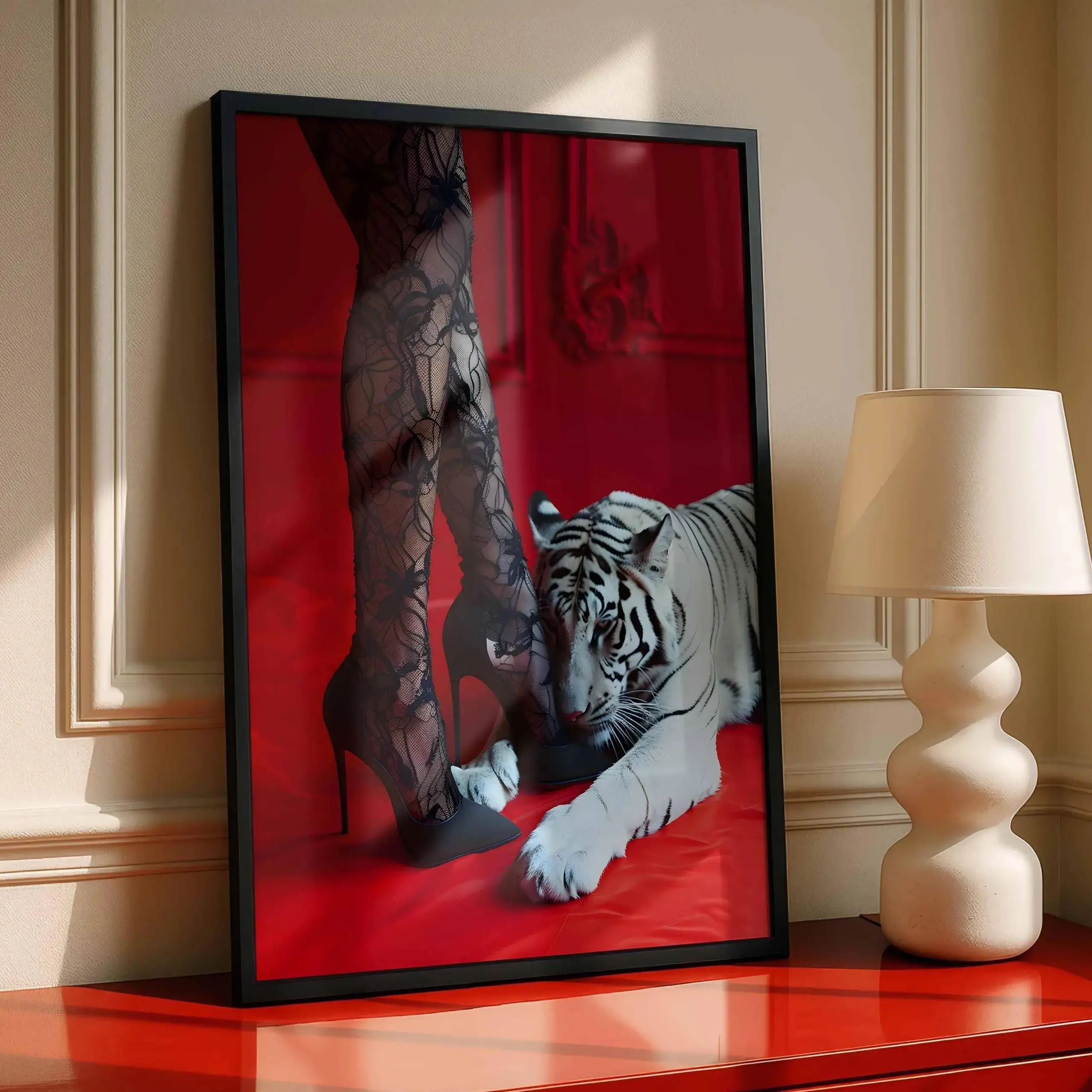 Divine Feminine Wall Art High Heels Black Lace Tights White Tiger Poster Red Boudoir Room Decor Unframed Poster