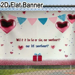2D flat banner, 1pcPink & Blue Bunting Heart Balloon Baby Gender Reveal Decor, Red Glitter Base Sweetheart Party Backdrop with Gift Box & Confetti