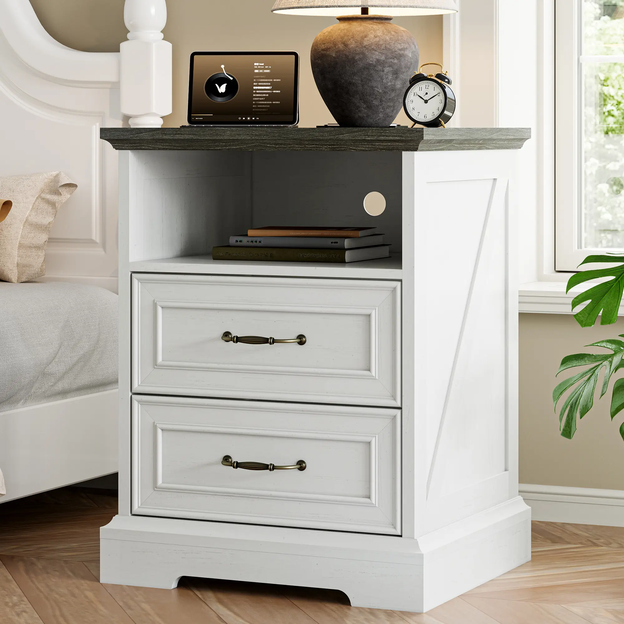 White Farmhouse Nightstand with Charging Station - 18" Tall Rustic Modern Wood Table, Antique Style Bedroom Furniture with 2 Storage Drawers, Small Wooden Cabinet for Bedroom, Living Room (Father's Day Gift Idea), 2 In 1 Bedroom Furniture