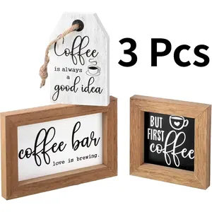 3 Pieces Coffee Bar Decor Sign But First Coffee Wood Sign Mini Farmhouse Wood Accessories Rustic Wooden Table Sign Vintage Kitchen Wooden Plaque for Tier Tray Decor (3 sizes) Chocolate Rectangle composite installation