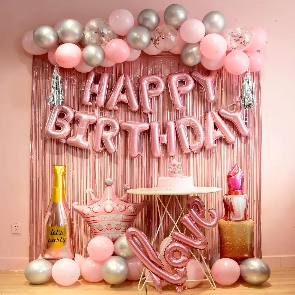 Women’s/Girls’ Pink Birthday Party Decorations Set - Shiny Finish Aluminum Foil Star Floats, Balloon Letters, Happy Birthday Banner, 1M*2M Adhesive Strip Pink Fringe Curtain Backdrop, 20 Silver Balloons