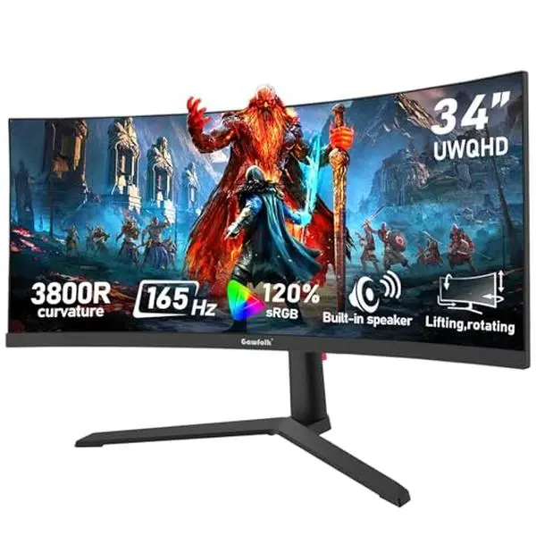 34 Inch Ultrawide Curved Gaming Monitor,165Hz,  3800R 21:9 UWQHD 3440x1440, 3800R Adaptive Sync, Multi‑Directional Adjustable Base, HDMI2.1/DP1.4, PIP/PBP, Low Blue Light
