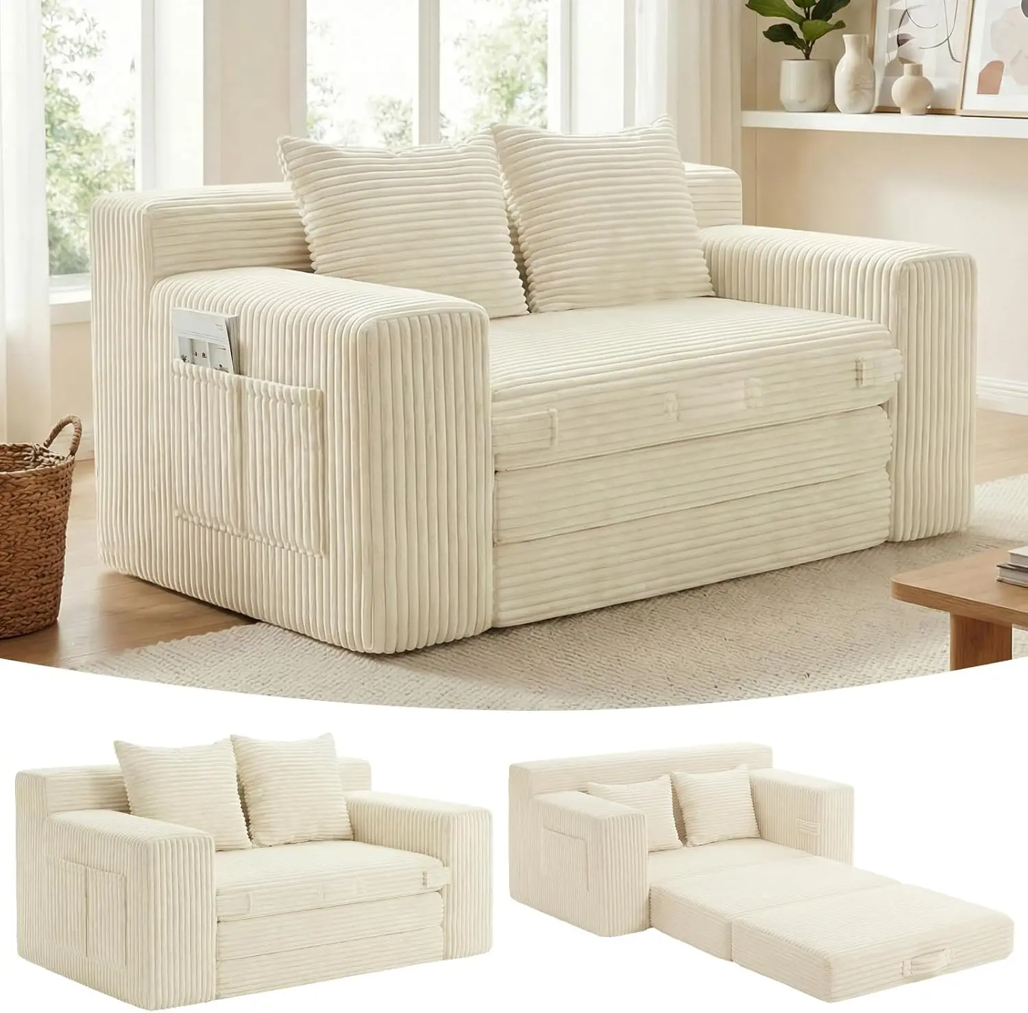 Corduroy Boneless Frame Convertible Sofa Bed - 3-in-1 Pull-Out Full-Sized Bed Loveseat, Side Pockets, Handle, 2 Included Pillows, No Assembly for Small Space Living Room/Bedroom