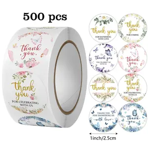 Floral Heart Thank You Stickers Roll (500 Sheets), Self-Adhesive Decorative Labels for Weddings Birthdays Parties Envelopes Scrapbooks