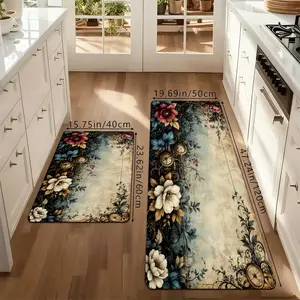 Vintage Steampunk Floral Kitchen Rug Set, Retro Victorian Flower Clock Non-Slip Washable Floor Mats, Aesthetic Botanical Runner Rugs for Kitchen, Living Room & Home Decor