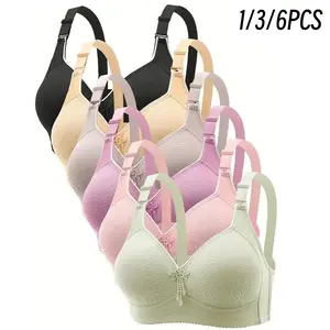 J6PCS EssElegance Push-Up Jacquard Bra - Adjustable Support Straps & Wire-Free Daily Comfort,Women's Lingerie & Underwear
