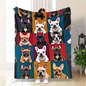 Soft Funny Throw Blanket French Bulldog Patchwork Blanket - Ultra-Soft Heavyweight 280GSM Flannel Bedspread with 9 Unique Frenchie Patterns, /Tan & Golden Base Multicolor Dog Bed Couch Travel Throw - Perfect Gift for French Bulldog Lovers