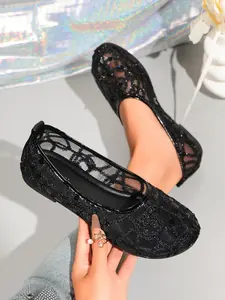Girls' Flat Lace Ballet Dance Shoes, Breathable Wide Design, Elegant Comfort, Luxurious Sparkle, Lightweight Simple Style, Ballerina Shoes