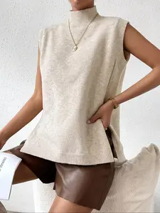 New Y2K Style Elegant Outdoor Knit Vest, High Neck Pullover, Sleeveless, All Seasons, Casual Daily Wear, Spring Summer Autumn, Tops