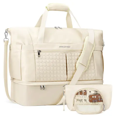 Gym Bag for Women,40L Travel Duffel Bag with Shoes Compartment and Wet Pocket,Waterproof Carry On Weekender Bag,Sport Gym Tote Bags Swimming Yoga, Hospital Holdalls（Beige)