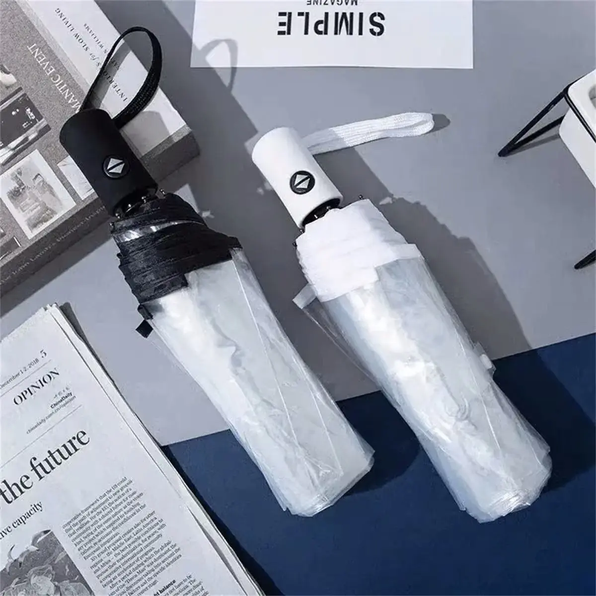 Korean Mini Umbrella with Three-Fold Japanese Cherry Blossom Design Rainproof & Windproof Transparent Umbrella for Women
