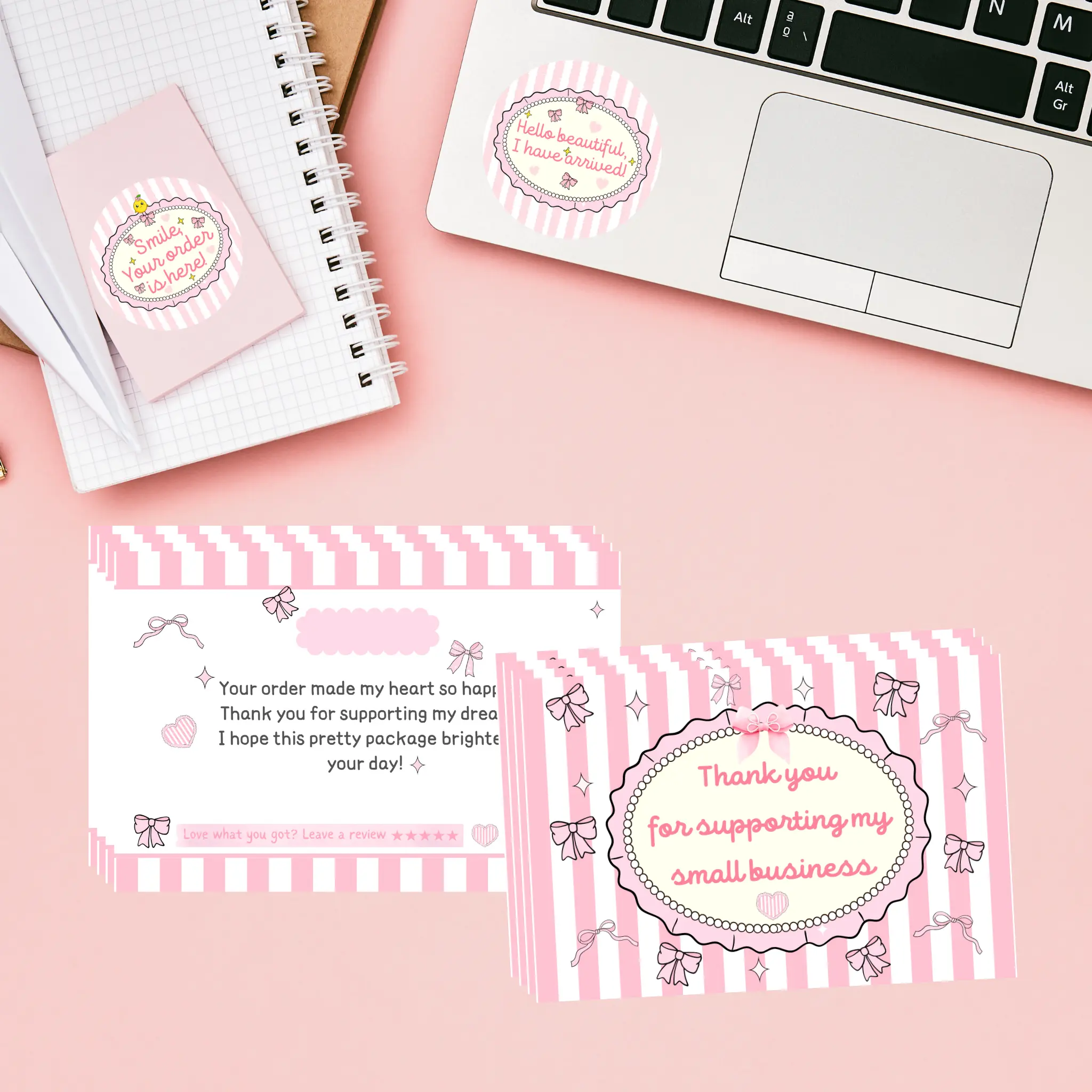 Coquette Thank You Cards – Pink Bow Small Business Packaging Inserts (Set of 25, 50, or 100)