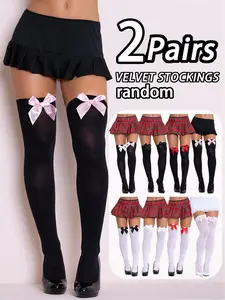 2 Pairs Random Color Women's Velvet Bow Over-The-Knee Socks, Sexy Fitted Plain Design, Suitable for All Seasons, Daily Wear, Everyday