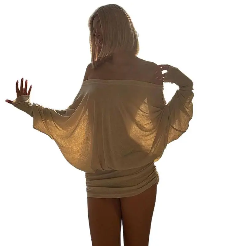 Women's Sheer Ruched Party Dress, Off-The-Shoulder Long Sleeve Fit Women's Mini Dress for Spring & Fall, Womenswear Fashion