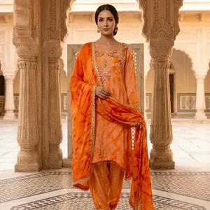 EAS0001 Orange Traditional Indian Outfit with Intricate Embroidery and Golden Borders for Special Occasions