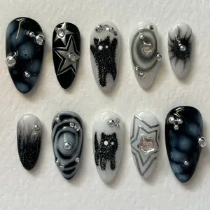 S19 Void Pulse Press-On Nails, 3D Star Metal, Monochrome Swirl Art, Abstract Smoke, Custom Press-On Nail, Night Party, Solana Nails Town