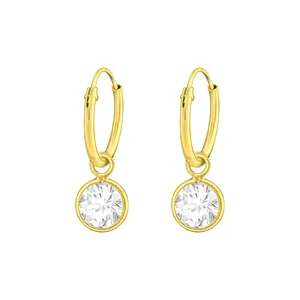 Gold Plated 925 Silver Hoop Earrings with Hanging CZ Crystal
