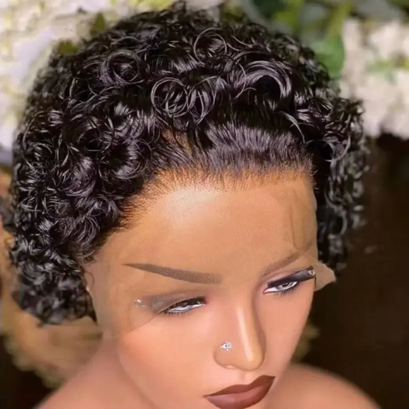 Short Curly 13x1 Transparent Front Pixie Cut Wig, 100% Brazilian Natural Human Hair, Bouncy Style for Black Women (Best-Selling)