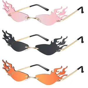 3 Pairs Fire Flame Sunglasses Halloween Flame Rimless Sunglasses Flame Shape Narrow Glasses with Screwdriver for Women Men
