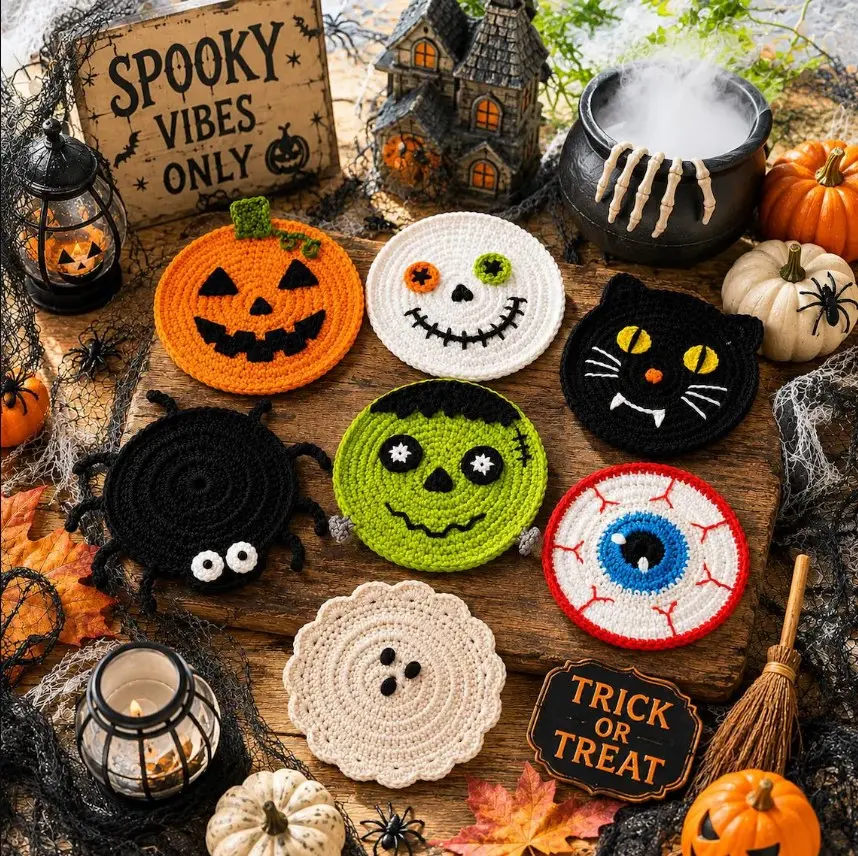 Handmade Crochet Halloween Coasters 2026,Pumpkin Ghost Cat Spider Bat Eyeball Mug Rugs,SpookyHalloween Table Decor,Cute Spooky CottonMugRugs