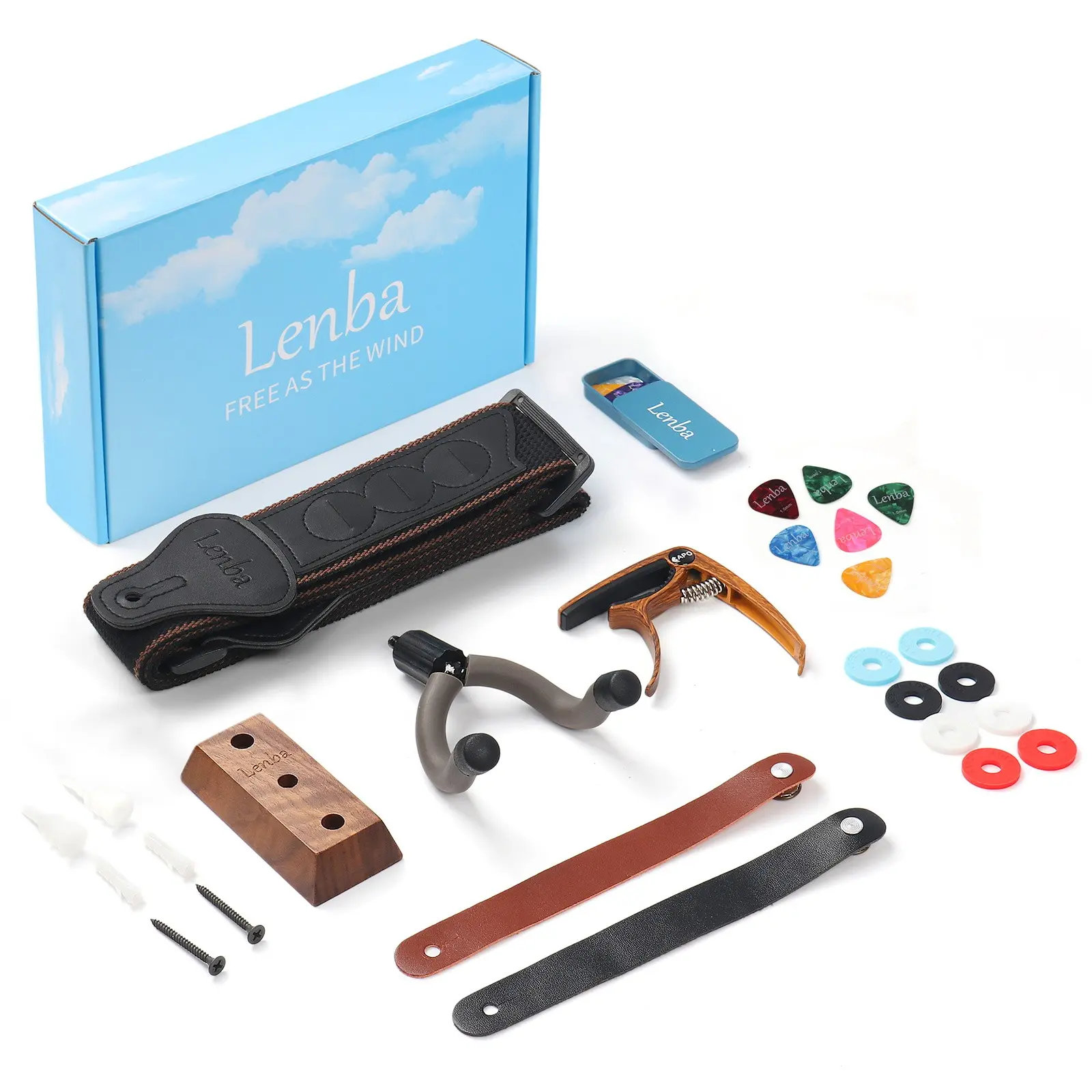Guitar Accessories Kit - Wall Mount Hanger, Strap, Strap Locks, Headstock Strap Adapter, Picks & Capo - Ideal for Guitar Beginners and Pros - Guitar Pack - Guitar Holder Wall Mount