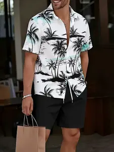 Men's Summer Coastal Sunset Hawaiian Style Casual Shirt Set, Seamless Fit for Beach Vacation, Beach Walks, Island Dates, City Commute
