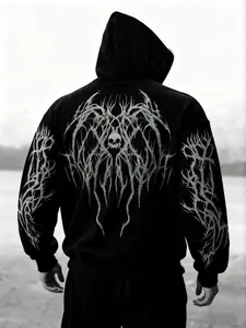 Men's Gothic Letter Skull Print Hoodie, Long Sleeve Loose Fit Full Zip Pocket Sweatshirt, Winter Fitness Streetwear