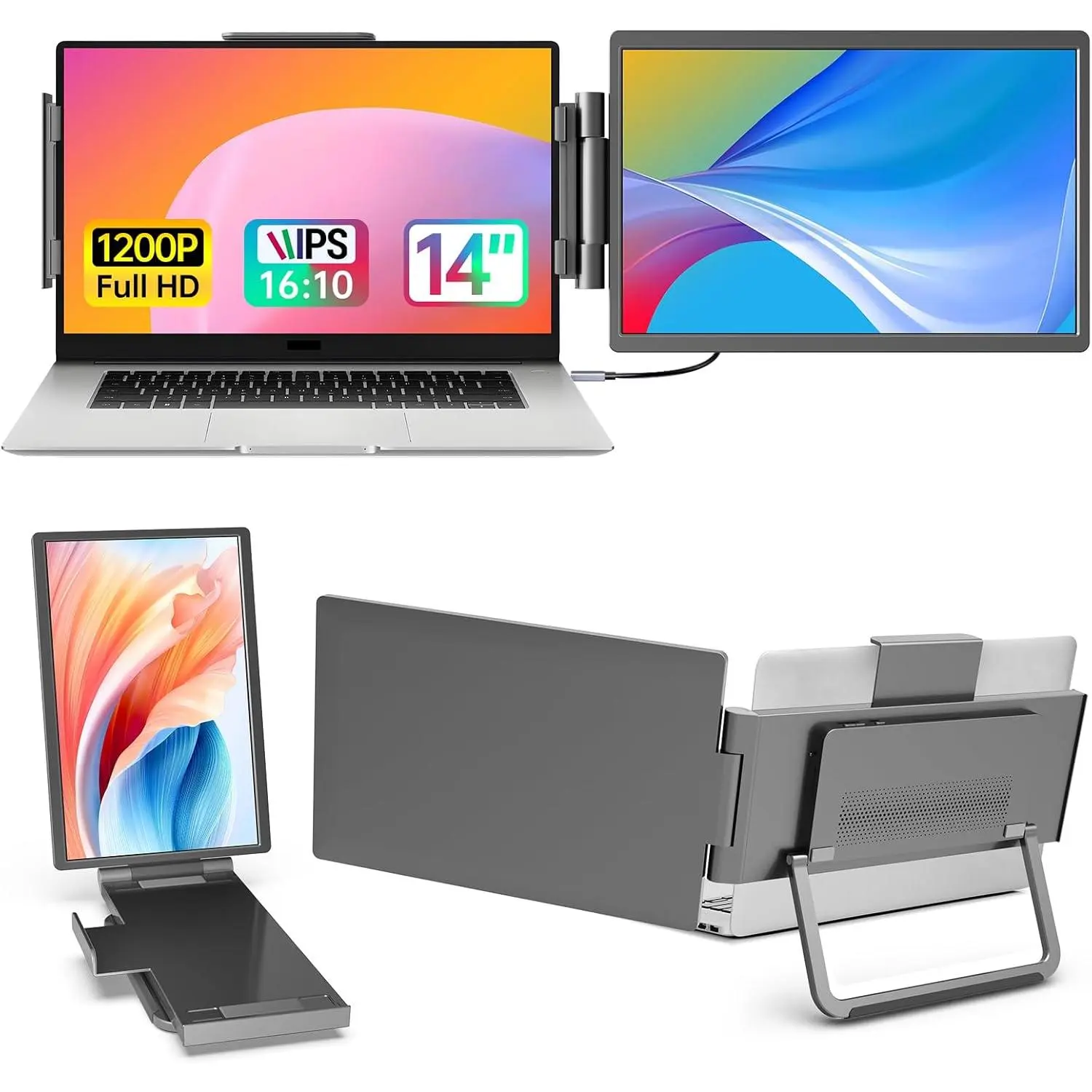 14-inch FHD 1200P IPS Swivel Portable Laptop Extended Monitor - Single Right Side Customizable Arrangements, for 13-17-inch Laptops, USB-C/HDMI Interfaces, Travel-Friendly for Office Workers' Personal Computers, Windows, Android, PS5, Swivel Portable Moni