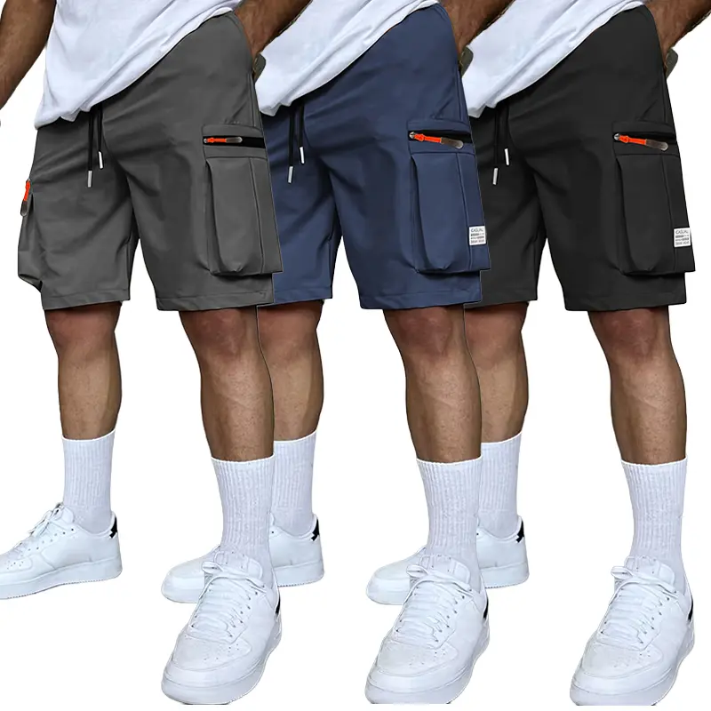Men’s cargo shorts with zipper and large pockets, elastic drawstring waist, quick-dry, waterproof, street casual athletic mid-length shorts
