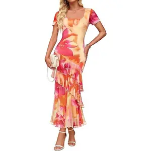 ZESICA Women's Summer Floral Bodycon Maxi Dress 2026 Square Neck Mesh Ruffle Elegant Cocktail Wedding Party Long Dresses