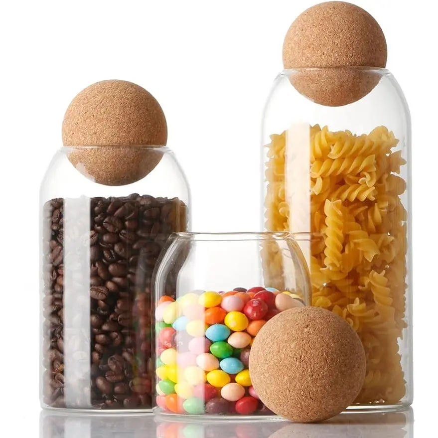 MIUVA 3-Piece High Boron Silicon Glass Storage Jars Set with Ball Cork Lids, 500ML/800ML/1200ML Food Jars & Containers, Cute Round Glass Bottles for Kitchen Utensils & Food Storage, Christmas Gift, A Set Of Three