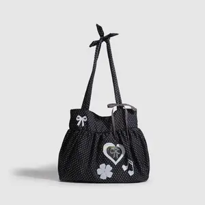 Fresh Polka-Dot Canvas Tote Bag, Vintage Casual Drawstring Shoulder Bag, Versatile Daily Accessory for Commute Shopping and Office Use