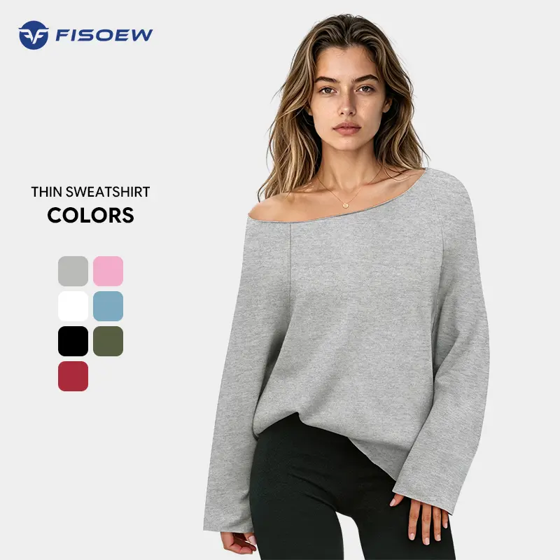 Fisoew Women's Off-Shoulder Polyester Sweatshirt - Long Sleeve Y2k Wide Neck Loose Pullover, Women's Fashion Everyday Tops, Ash Gray Spring Summer Athletic Activewear