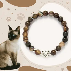 BuddhaStones Chocolate Siamese Cat Natural Brown Striped Agate Bead Stability Protection Love Pet Bracelet Love Couple Gift OOTD Jewelry