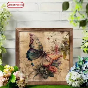 (2D Flat)  1PC 8 x 8 Inches Ramadan Wooden Sign, Vintage Floral Butterfly Letter , Wooden Frame Art ,  Islamic Eid Mubarak Decor Perfect Eid Gift for Coffee Bar & Window Sill Living Room & Prayer Room