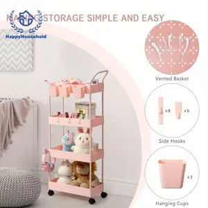 storage organizer Slim Storage Cart, 4 Tiers Bathroom Cart Organizer, Narrow Laundry Cart With Wheels Dividers Hanging Cups Hooks Handle Makeup Lash Cart Shelf Organizer Rack Unit Easy Assembly