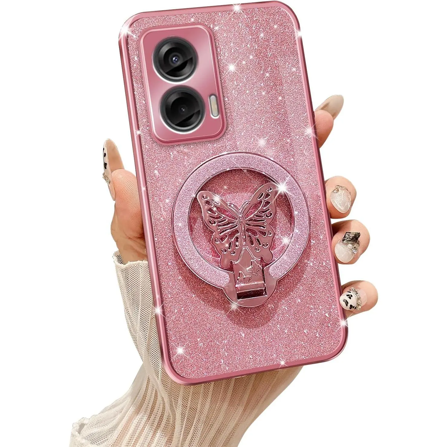 Phone Case for Motorola Moto G Stylus 5G 2024 [Compatible with Magsafe] with Butterfly Kickstand & Lanyard Soft TPU Bling Shockproof Protection Cover for Moto G Stylus 5G 2024 Case, Rose Gold