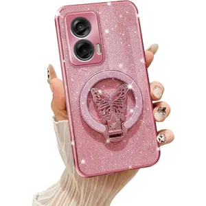 Phone Case for Motorola Moto G Stylus 5G 2024 [Compatible with Magsafe] with Butterfly Kickstand & Lanyard Soft TPU Bling Shockproof Protection Cover for Moto G Stylus 5G 2024 Case, Rose Gold