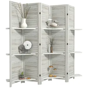 5 Panel Wood Privacy Screen – Distressed White. 67" Tall Room Divider. Louvered Slat Design + 3 Removable Shelves. Paulownia Wood + 12 Steel Hinges. 78.75" L x 67" H