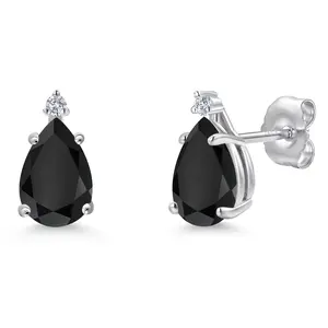 14K White Gold Black Onyx and Lab Grown Diamond Stud Earrings for Women | 1.74 Cttw | Gemstone December Birthstone | Pear Shape 8X5MM