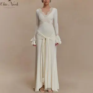 Women's Fall Lace Long Dress Elegant Solid Color Long Sleeve V NeckFit Ruffle Dress for Daily Event Wear