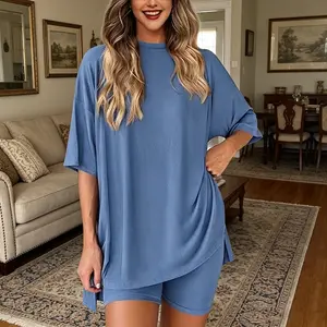 Crewneck Two-Piece Set For Women Summer Casual Oversized Split Hem Shirts & Side Pocket Biker Shorts Minimalist Lounge Wear Soft Viscose Fabric Comfy Homewear Cozy Pjs