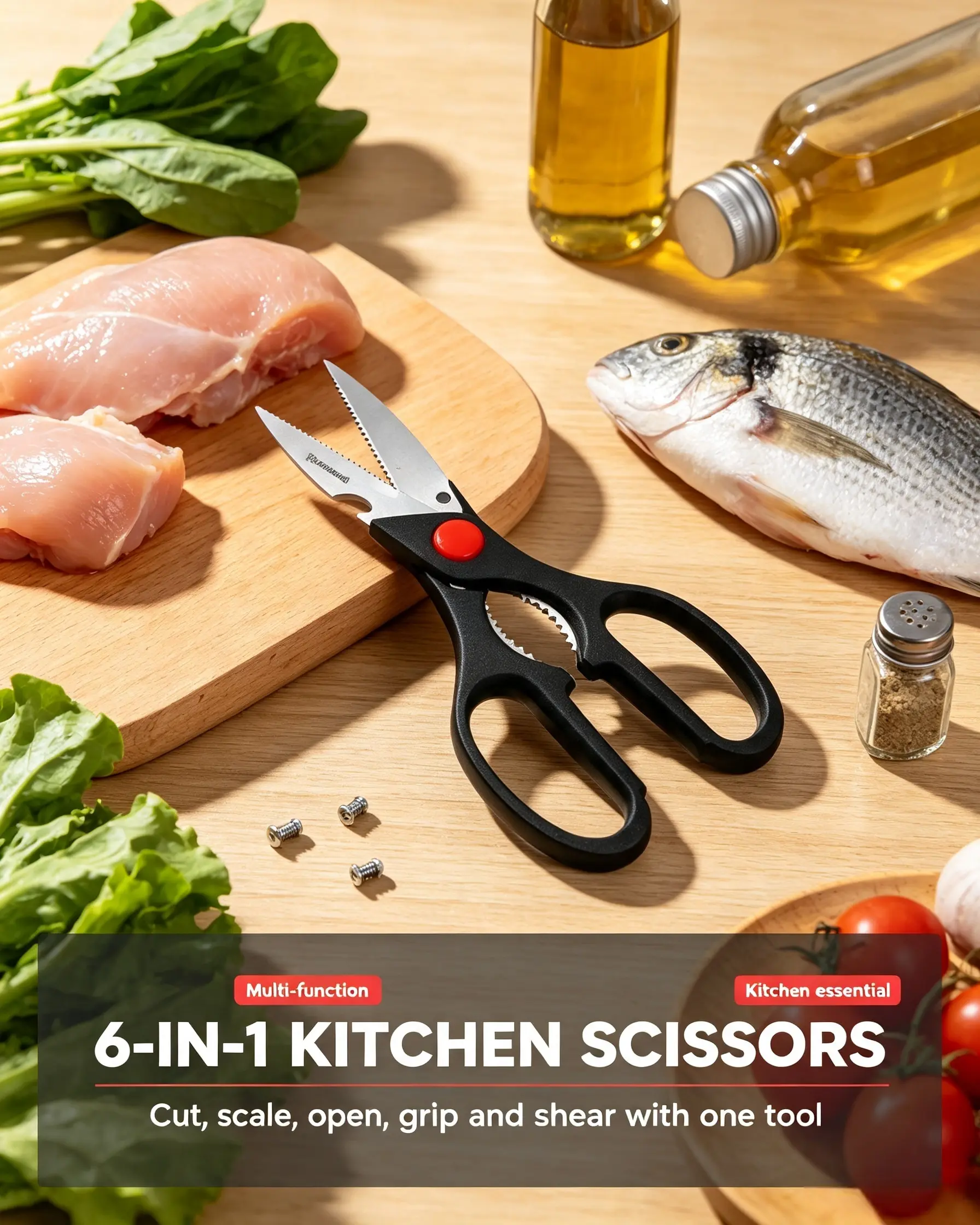 Heavy Duty Stainless Steel Kitchen Scissors with Safe Lock Design, for Cutting Chicken Bone, Bottle Opening and Fish Scaling, Handles