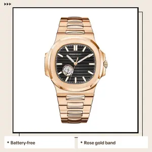 Men's Fashionable Square Face Mechanical Watch, Golden-Rose Gold Stainless Steel Band, Battery-Free, Elegant Gift Watch, Fashionable Watches