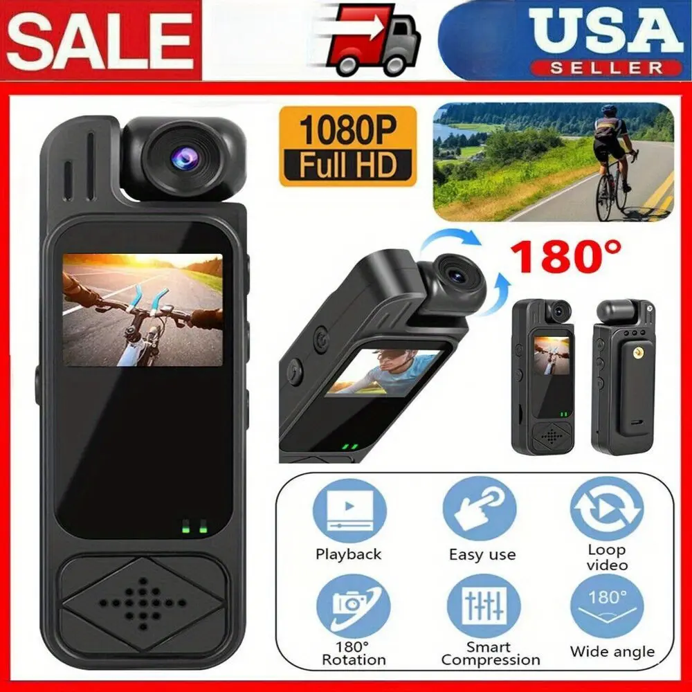 1080P Mini Compact Wearable Camera - Portable Pocket Recorder with 180° Rotatable Lens, 1.3" LCD Display & Night Vision - Ideal for Travel, Sports & Everyday Use, Black